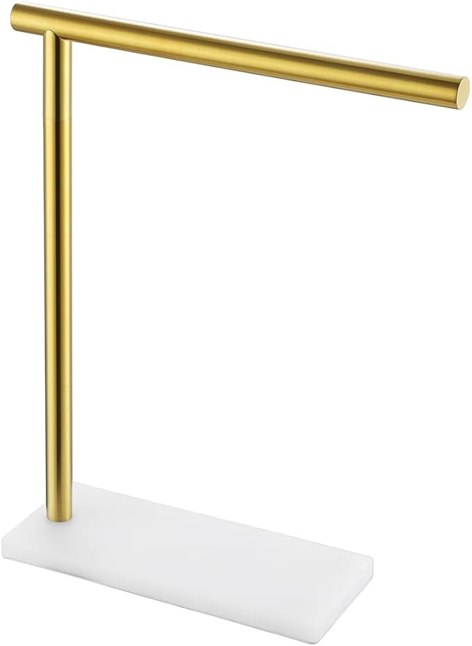 JQK Hand Towel Holder Stand Brushed Gold, Modern Tree Rack Free Standing for Countertop with 12 Inch Bar, 304 Stainless Steel Thicken 0.8mm White Base, HTT170-WG