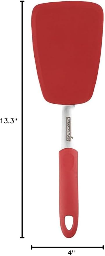 Restaurantware Comfy Grip 13.3 x 4 Inch Silicone Turner 1 Durable Cooking Turner - Stainless Steel Body Rubber Handle With Hole Red Silicone Flipper Spatula Tolerates Up To 446F Dishwashable