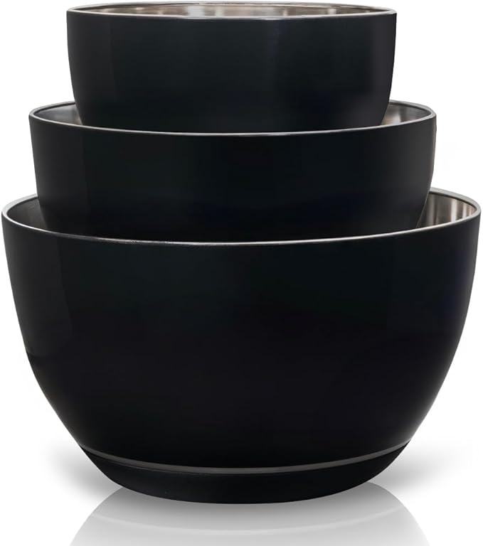 WHYSKO Stainless Steel Mixing Bowls Set of 3 with Non-Slip Silicone Base, Nesting Metal Bowls for Meal Prep, Baking, Cooking & Food Storage, Dishwasher Safe Kitchen Mixing Bowls, Black
