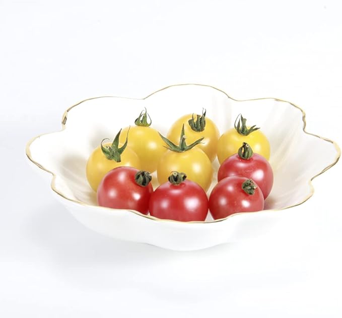 Porcelain Serving Dish,Ceramics Flower Relish Tray with Metallic Rim,Serving Bowls for Wedding,Party Perfect for Small Cereal, Pasta, Salad, Candy and Snacks White 6.6 inch (6.6 inch)