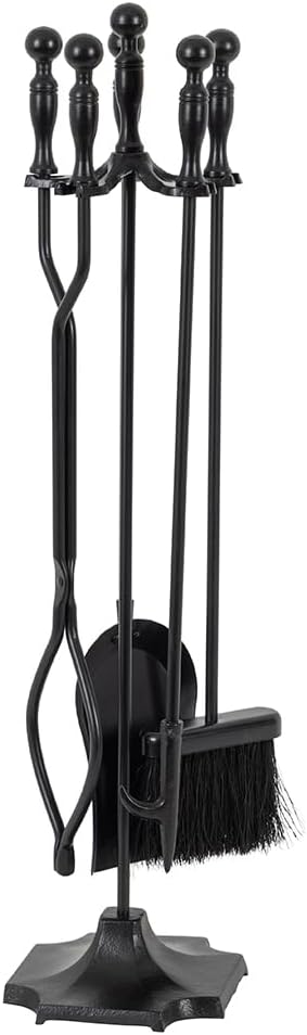 Modern Ember Cascade 5 Piece Fireplace Tool Set in Black | Includes Brush, Shovel, Fire Poker, Tongs, and Stand | Heavy Guage, Coated Steel | Heat-Resistant Plating | Sleek Rounded Handles