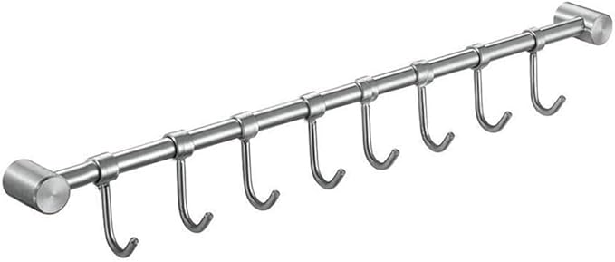 Premium Stainless Steel Kitchen Tool Utensil Organizer Bar Rack with Movable Hooks for Pan Pot Spoon Towel (Transitional, 8 Hooks)