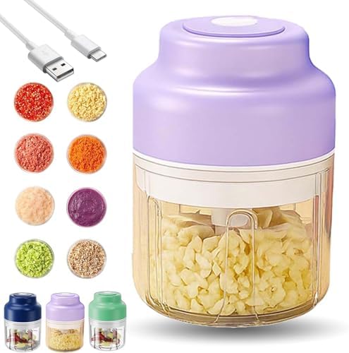 Household Electric Garlic Crusher, Electric Garlic Chopper, Mini Portable Veggie Chopper with 4/6 Stainless Steel Blades, Wireless Rechargeable Food Cutter for Garlic, Onion, Chili (Purple,320ML)