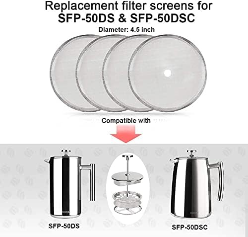 Secura French Press Replacement Screens, Stainless Steel Reusable Mesh Filter for 50 Ounce, 1.5 Liter Coffee Press, 4 Pack