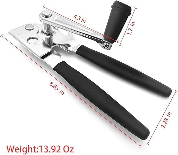 Crank Handle Commercial Can Opener - Heavy Duty Manual Can Opener - Ergonomic Cushioned Handle - Stainless Steel Blade - Black