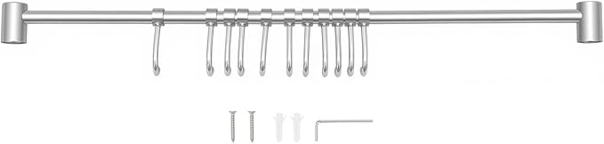 Kitchen Hanging Racks, 304 Stainless Steel 20 Inch Rail Utensil Storage Hanger with 10 Pcs Noiseless Sliding Hooks, Wall Mounted Rod Holder for Pots Pan Spatula Spoon Cookware Mug Cup