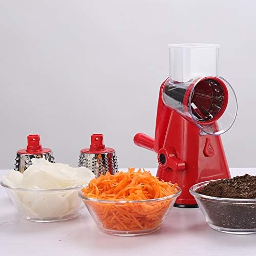Manual Rotary Potato Grater Kitchen Mandoline Vegetable Slicer，with 3 Interchangeable Blades，Easy to use (Red)