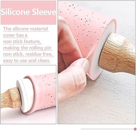 Silicone Rolling Pin for Baking,15Inch Pastry Dough Roller with Wooden Handle,Non Stick Surface Rolling Pin for Dough Cookie Pastry Tapered Dumpling Baking Supplies Kitchen Accessories