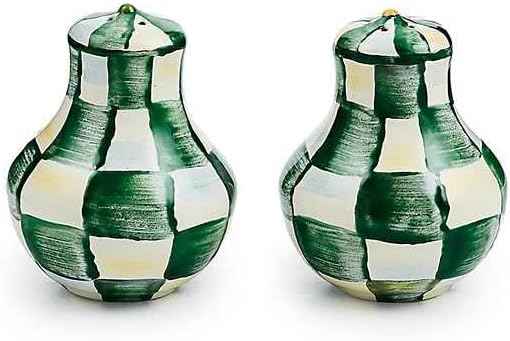 MACKENZIE-CHILDS Enamel Salt and Pepper Shakers, Kitchen Table Spice Shaker Set, Green-and-White Emerald Check, Small