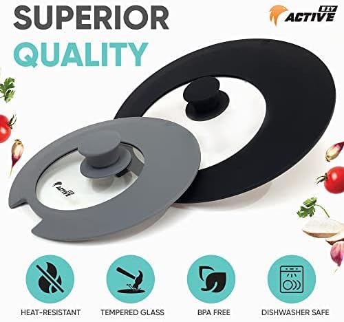 2-Pack Universal Silicone Lids for Pots and Pans - Replacement Pan Covers Fit 7-12 Inch Frying Pans and Pots, Black & Gray