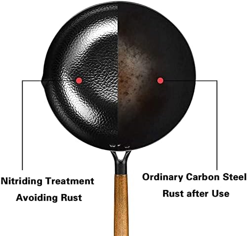 Chinese Carbon Steel Wok with Wooden Lid, Stir Fry Pan Flat Bottom Pan for Electric Stove, Induction Cooker and Gas Stove(12.5 Inch)