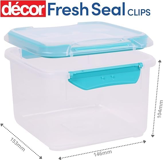 Décor Large Food Storage Containers | 2 Pack - 2 x 1.4L | Reusable Plastic Airtight Food Containers | Fresh Seal Clips | Microwave, Freezer & Dishwasher Safe | 1.4L Capacity