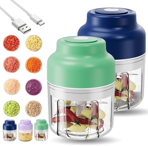 Household Electric Garlic Crusher, Electric Garlic Chopper, Mini Portable Veggie Chopper with 4/6 Stainless Steel Blades, Wireless Rechargeable Food Cutter for Garlic, Onion, Chili (2PCS-A,320ML)