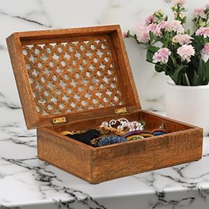 Mela Artisans Extra Large Wooden Keepsake Box | Medium Polish Memory box, Handcrafted Decorative Storage chest for Jewelry, Photos & Trinkets | Vintage Style storage Box | Trellis Design |10.5x7.5x4’’