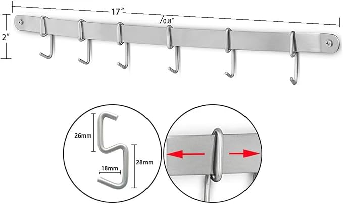 Stainless Steel Kitchen Utensil Racks Holder Hanging Rail Organize Pots Pans Kitchen Knife Gadgets On Wall Mounted Hanger Bar Rail Under Cabinet Shelf (6 Hook,17") Pack of 2