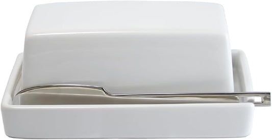 ZERO JAPAN Compact Butter Dish with Stainless Steel Knife, Trim-to-Fit Design for Countertop Use, Ceramic Butter Keeper Made in Japan, Fits Softened Butter Portions, Rich Glaze Finish, White