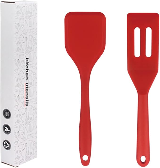 2 Pieces Mini Spatula Small Spatula Brownie Serving Set Flexible Nonstick Silicone Red Serve Slotted Spatula Turner for Cooking, Baking & Flipping Eggs