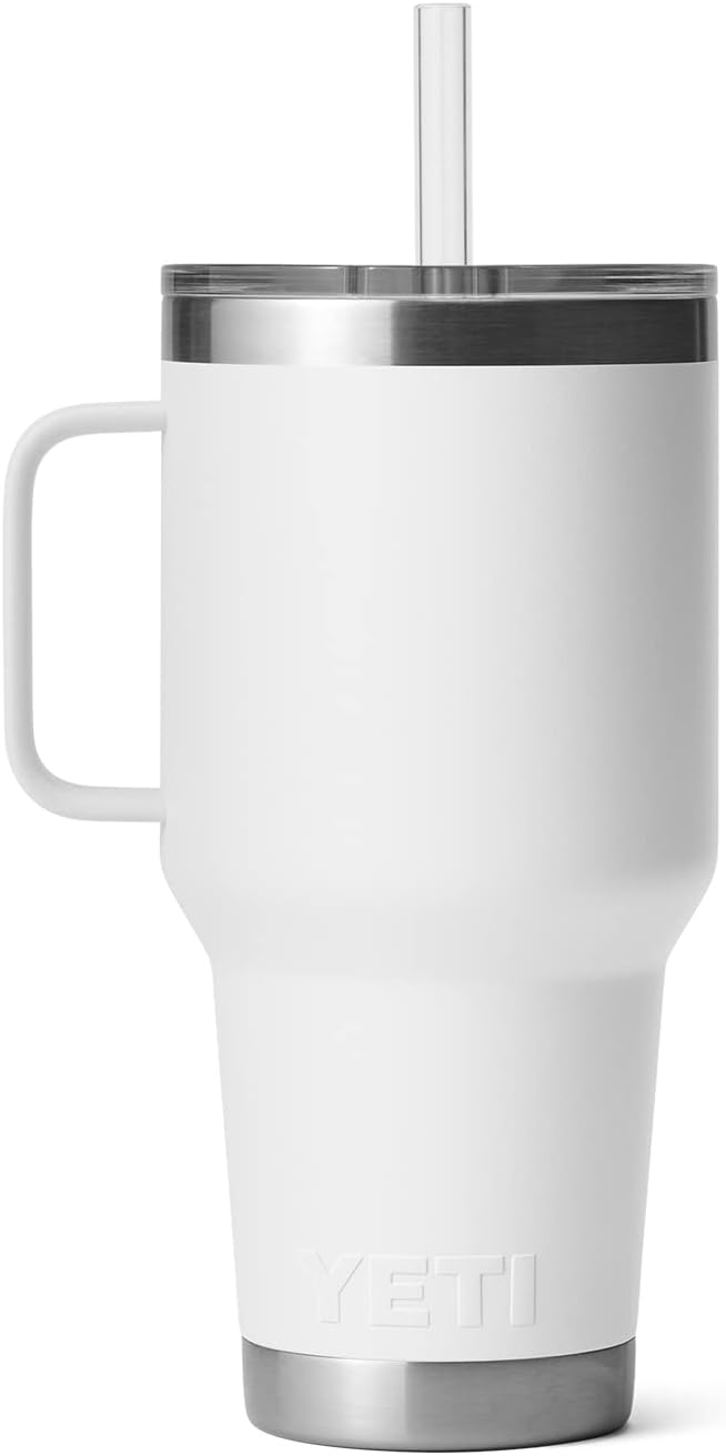 YETI Rambler 35 oz Tumbler with Handle and Straw Lid, Travel Mug Water Tumbler, Vacuum Insulated Cup with Handle, Stainless Steel, White