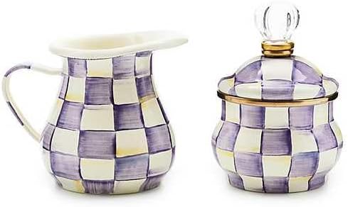 MACKENZIE-CHILDS Enamel Creamer and Sugar Bowl Set, Cream Dispenser with Pour Spout and Sugar Holder, Unique Kitchen Decor, Purple-and-White Violet Check
