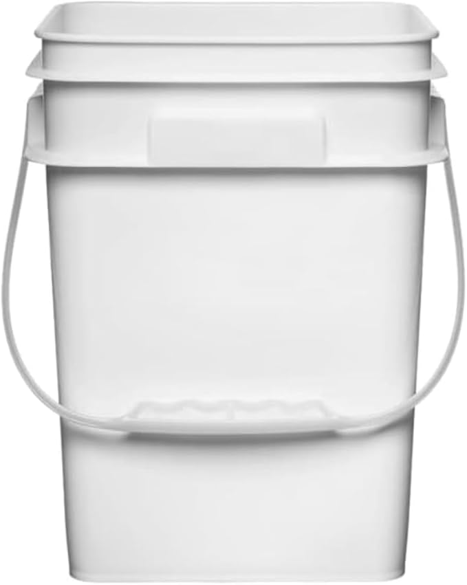 House Naturals 4 Gallon Square Food Grade Bucket Pail with Plastic Handles and Lid (Pack of 3) Made in USA containers (White - Black lids)