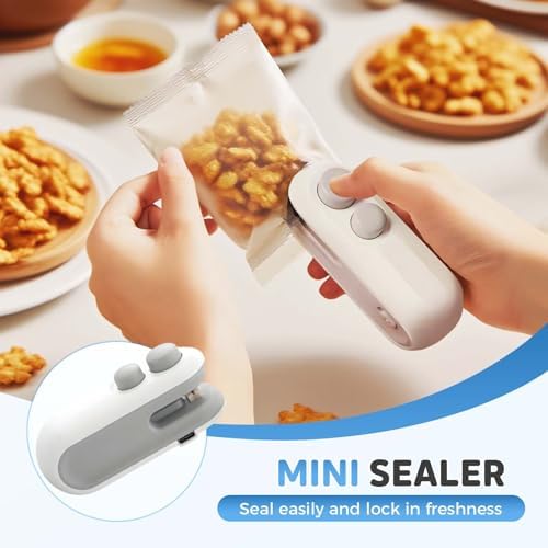 2-in-1 Mini Bag Sealer & Cutter, Rechargeable Portable Snack Bag Resealer with Magnet, Heat Seal Food Storage for Chips & Snacks - 2 Pack (White)