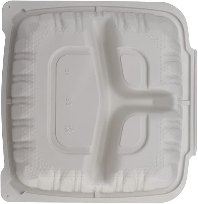 TIYA Clamshell Food Containers - White Bulk 150 Pack, 8x8 in - 3-Compartment To-Go Containers - Microwavable Plastic with Hinged Lid - Great for Meal Prep - BPA-Free
