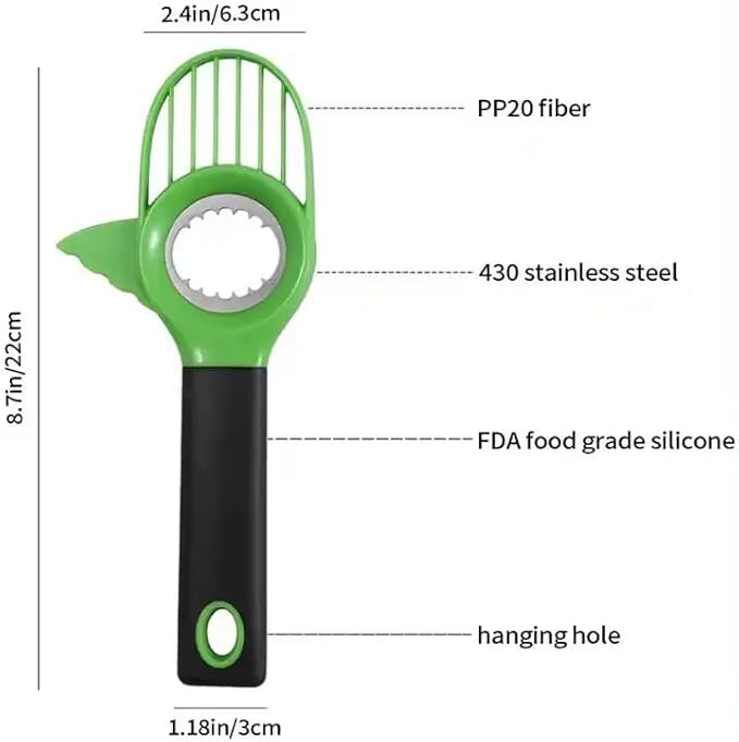 Avocado Slicer 3-in-1 Tool – Stainless Steel Cutter, Pitter, Corer with Non-Slip Grip Handle – Multifunctional Avocado Seed Remover Cutter for Fruit & Kitchen Use (Green Black)