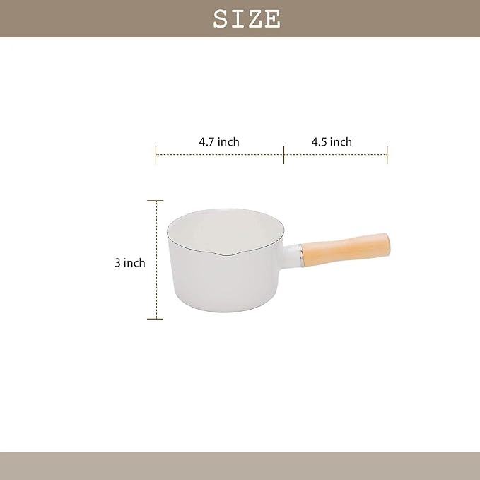 Enamel Milk Pot, Butter Warmer Non-stick Mini Saucepan, 4.7 Inch 24 Oz Small Cookware with Wooden Handle, White