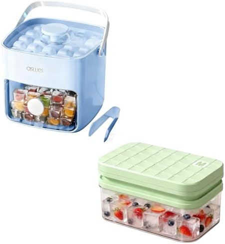 Mini Press-Type Ice Maker for Freezer + Silicone Ice Cube Trays with Lid and Bin