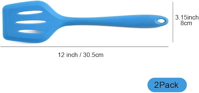 2Pack Small Silicone Turner High Heat Resistant Slotted Spatula for Fish, Eggs, Pancakes and More (12 IN, Light blue)