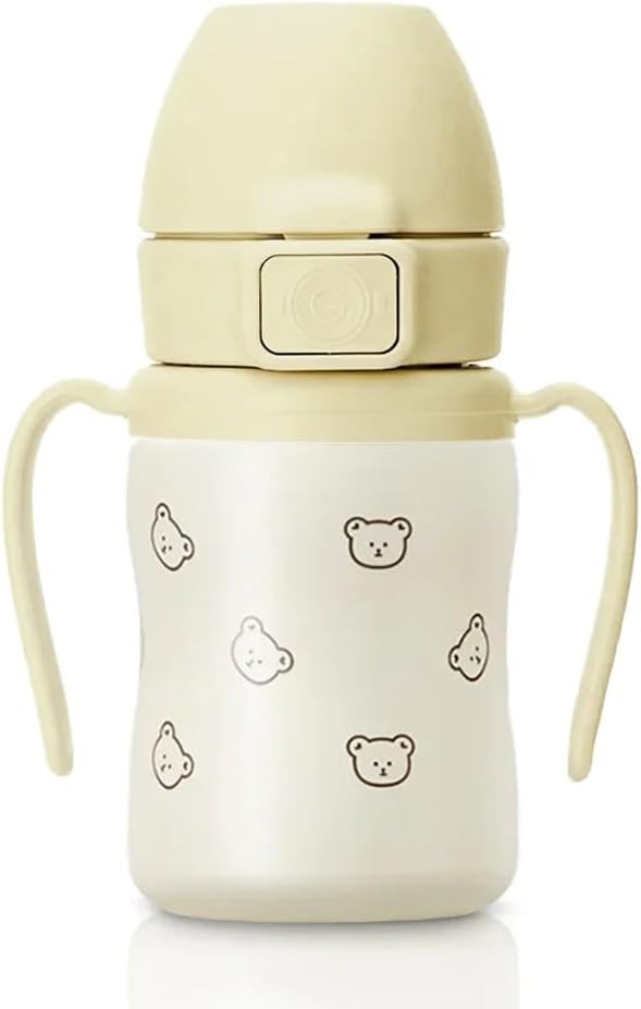 GROSMIMI Insulated 316 Stainless Steel Spill Proof Straw Cup, Water bottle with Flip Top for Toddlers, BPA Free (bear, 6oz)