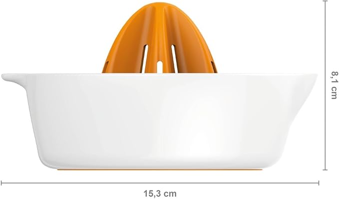 Fiskars Fruit Juicer, With Container, Diameter: 11.9 cm, Synthetic Material, Functional Form, White/Orange, 1016125