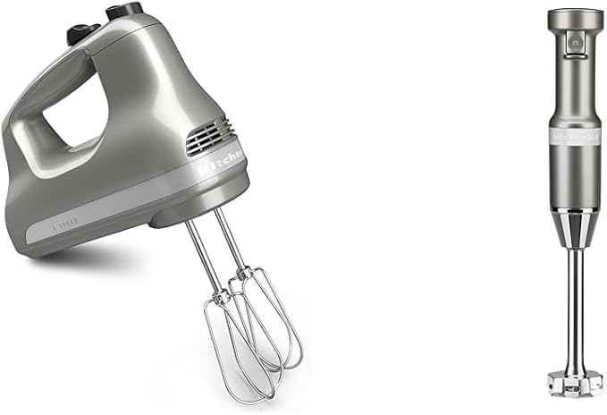 KitchenAid 5-Speed Ultra Power Hand Mixer - KHM512, Contour Silver & Variable Speed Corded Hand Blender KHBV53, Contour Silver