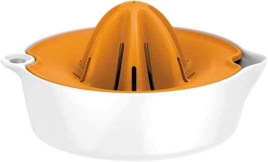 Fiskars Fruit Juicer, With Container, Diameter: 11.9 cm, Synthetic Material, Functional Form, White/Orange, 1016125