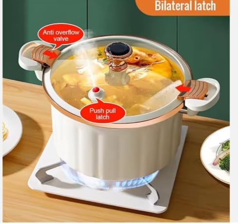 Non-Stick Enamel Pressure Cooker with Push Pull Lock, Silicone Seal, Spill-Proof Valve,ivory