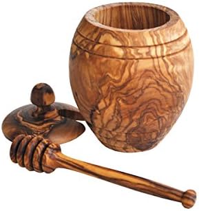 Naturally Med Olive Wood Honey Pot and Honey Dipper Set