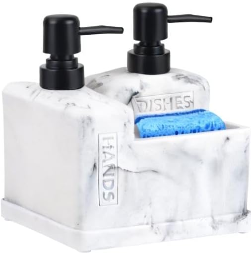 Kitchen Hand Soap and Dish Soap Dispenser Set,Dual Soap Dispenser with Sponge Holder 3-in-1 Organizer for Kitchen Sink,Bathroom,Useful Kitchen Gadgets - White Marble Look