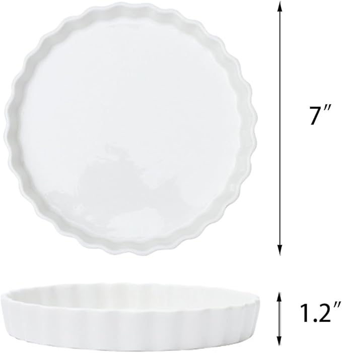 FEOOWV White Round Porcelain Quiche Pan -Non-Stick- Perfect for Baking Tart Pies and Chicken Pot Pie-Dishwasher,Dish Microwave and Oven Safe (7inch)