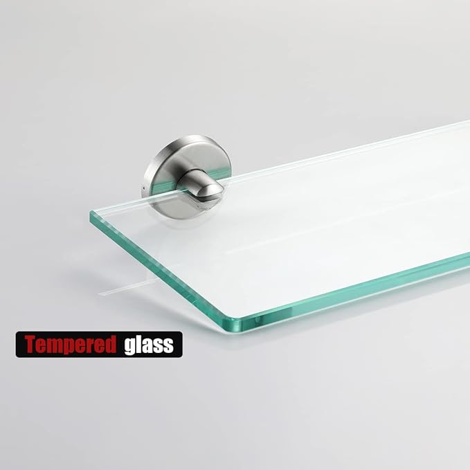 JQK Bathroom Glass Shelf, Tempered Glass Shower Storage 12 by 5 inches, 304 Stainless Steel Brushed Finish Wall Mount, TGS101L12-BN