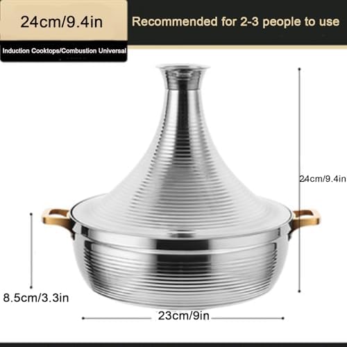 Large Stainless Steel Moroccan Tagine Pot, 30cm Non-Stick Tajine Casserole with Cone Lid & 2 Handles, Elegant Gold Design for Authentic Moroccan Cooking