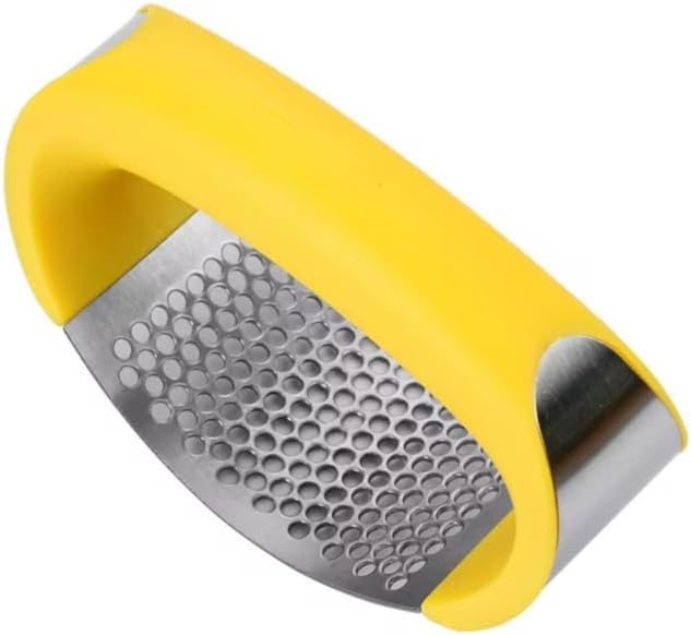 Angel's Peel Lounge Stainless Steel Garlic Press Rocker Set with Silicone Garlic Peeler & Cleaning Brush – Garlic Chopper, Mincer, Grater, Crusher – Easy for Crushed Cloves – Rust-Resistant, Yellow