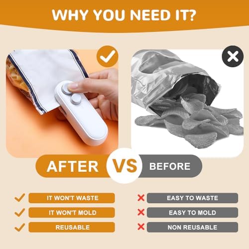 2-in-1 Mini Bag Sealer with Cutter & Magnet, Rechargeable Portable Handheld Food Sealing Machine for Snacks, Chip Bags & Resealing – 2pcs White