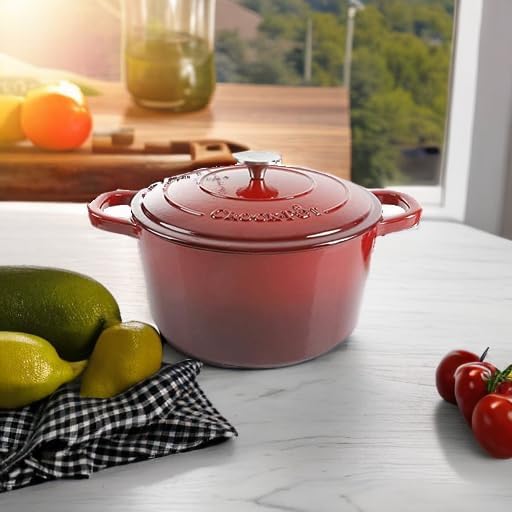Crock-Pot Artisan 7-Quart Round Enameled Cast Iron Dutch Oven – Scarlet Red, Heavy-Duty Cookware for Slow Cooking, Baking, Roasting with Lid