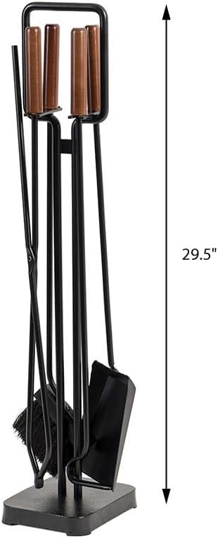 Modern Ember Levi 5 Piece Fireplace Tool Set in Black with Maple Wood Handles | Includes Brush, Shovel, Fire Poker, Tongs, and Stand | Heavy-Duty Steel | Heat-Resistant Powder Coating