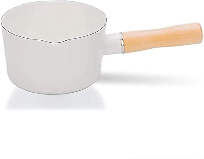 Enamel Milk Pot, Butter Warmer Non-stick Mini Saucepan, 4.7 Inch 24 Oz Small Cookware with Wooden Handle, White