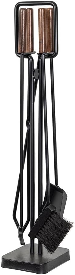 Modern Ember Levi 5 Piece Fireplace Tool Set in Black with Walnut Wood Handles | Includes Brush, Shovel, Fire Poker, Tongs, and Stand | Heavy-Duty Steel | Heat-Resistant Powder Coating