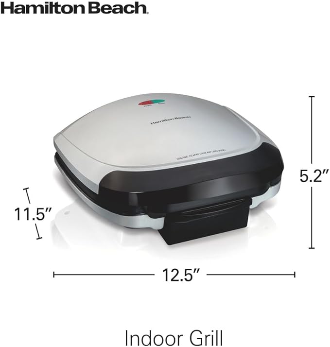 Hamilton Beach Electric Indoor Grill,6-Serving,Large 90 sq. in. Nonstick Easy Clean Plates,Floating Hinge for Thicker Foods,1200 Watts,6.38"D x 12.68"W x 13.78"H,Silver (25371),(Pack of 2)
