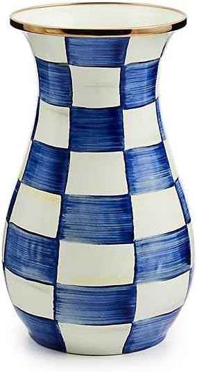 MACKENZIE-CHILDS Tall Enamel Vase, Unique Flower Vase, Decorative Table Decor for Living Room, Blue-and-White Royal Check