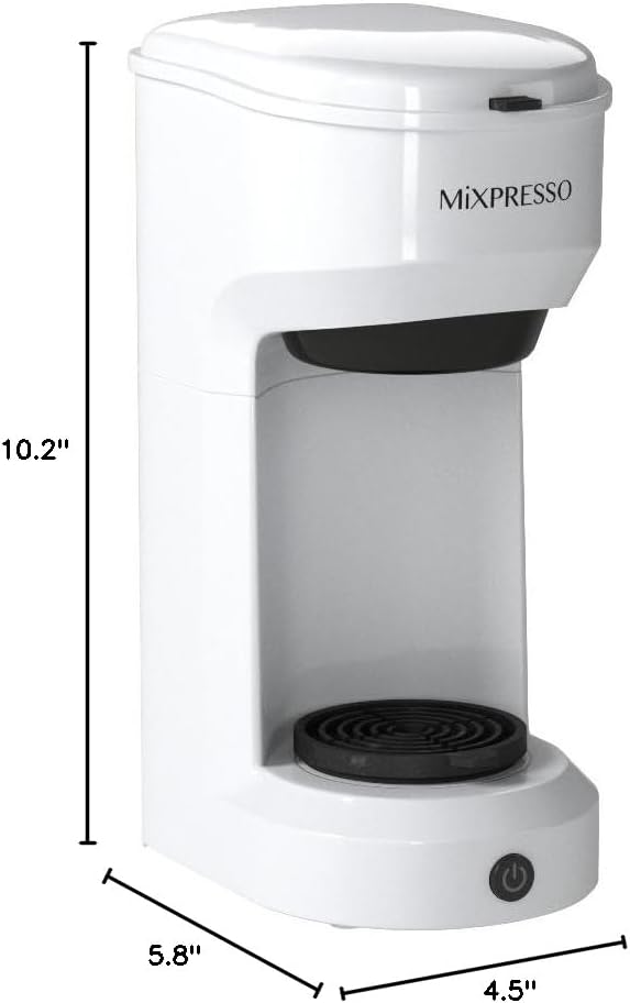 Mixpresso 2-in-1 Single Serve Coffee Maker - K-Cup & Ground Coffee Compatible - Fast 2-3 Min Brewing - Compact 14oz White Coffee Machine for Home Office