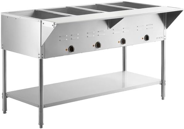 STE-4SA Four Pan Electric Steam Table, 120V 2000W, Stainless Steel, 57x30x34 Inches, Open Well with Undershelf, Commercial Food Warmer